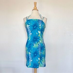 Vintage 90s Blue Floral Sleeveless Strappy Fitted Dress